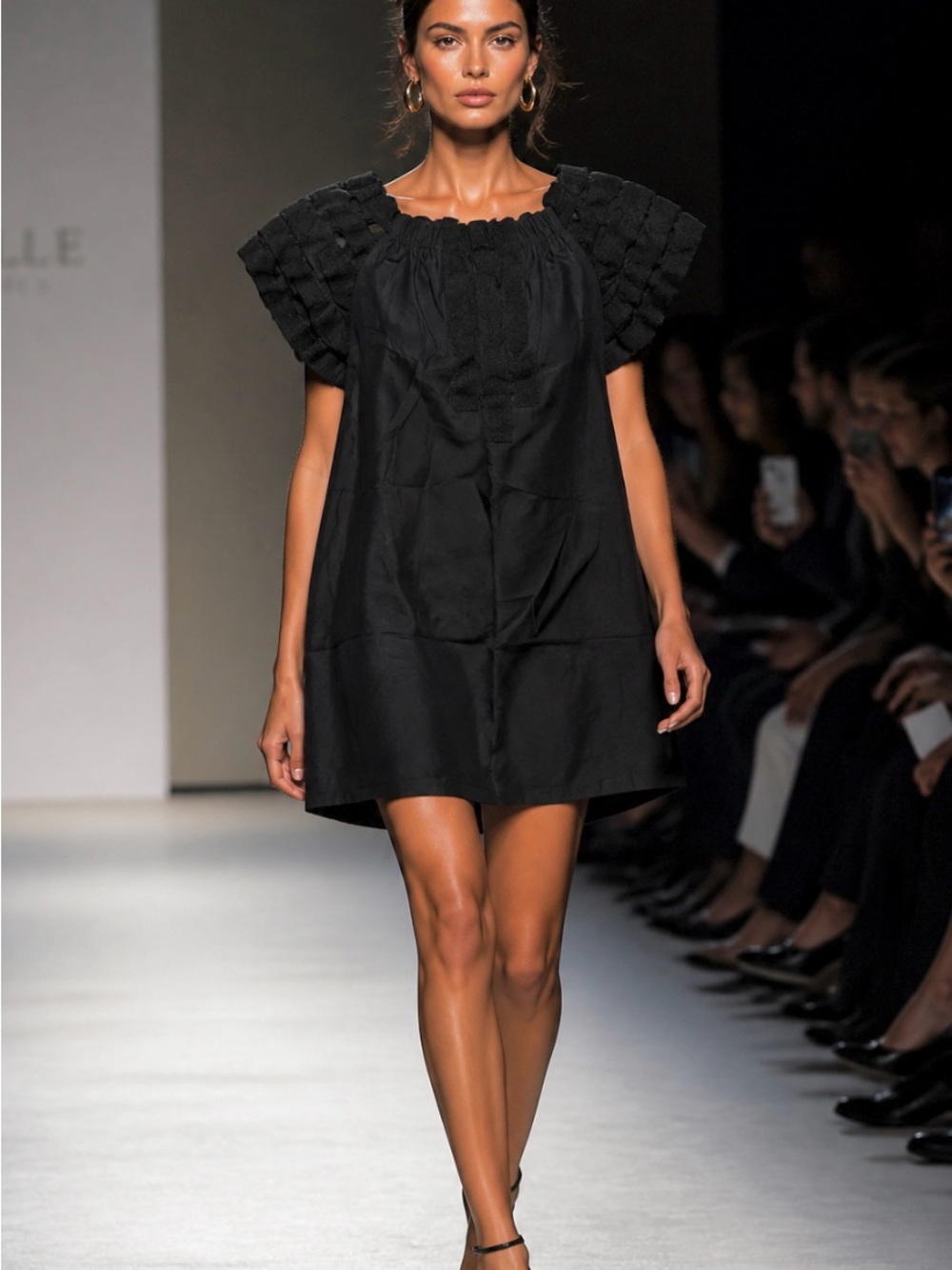 Vena Cava Black Short Sleeve Mini Dress with Textured Shoulders